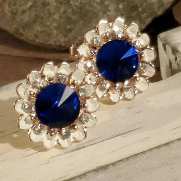 Lady Di Style Sapphire Blue Austrian Rivoli Crystal Earrings - Picture 1 of 12